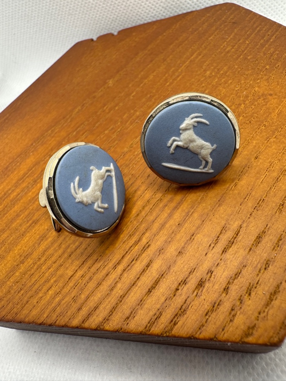 Wedgwood Blue Cameo Goat Cufflinks with Gold Trim - Capricorn Zodiac Sign